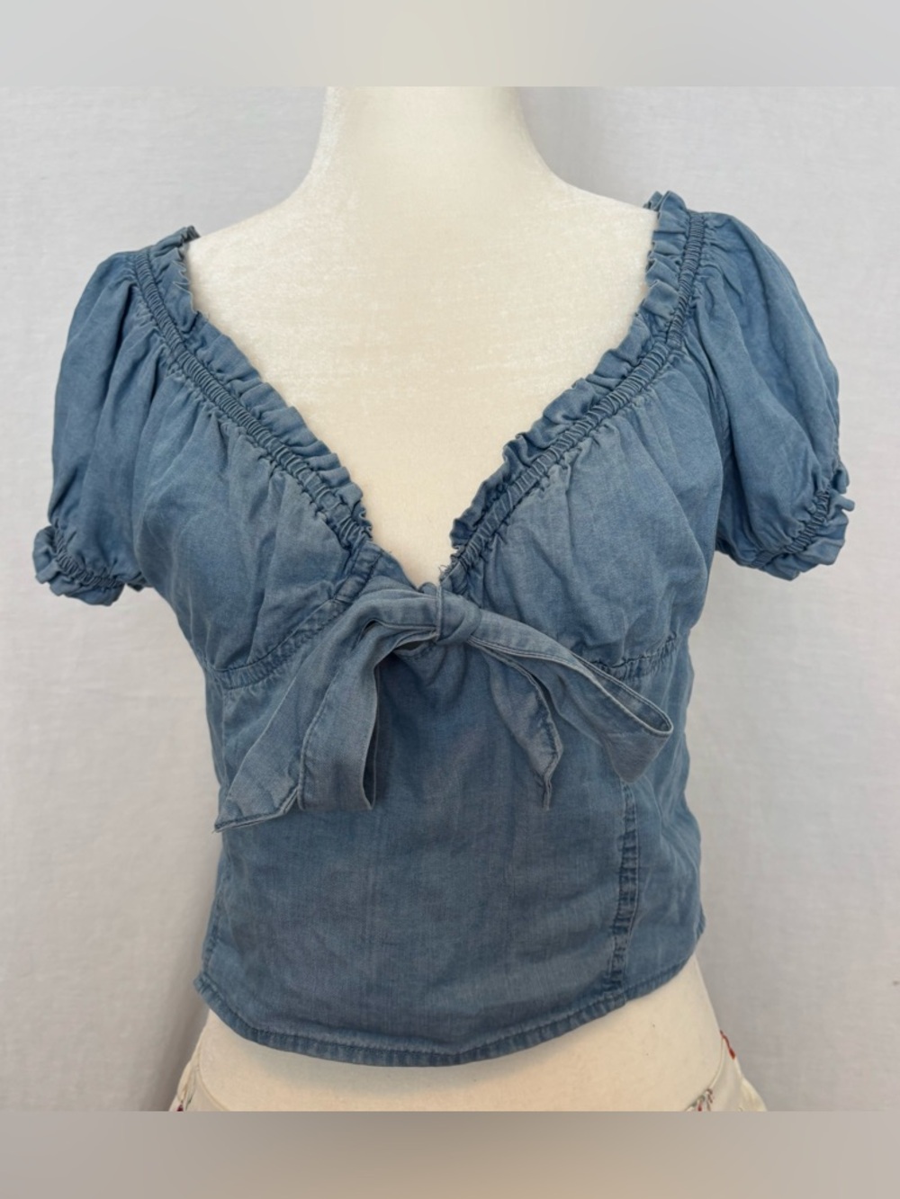 Blue Smocked Puff Sleeve Crop Top Cottagecore Milkmaid Peasant Blouse Small